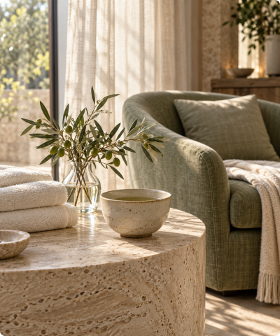 Tranquil private spa lounge with warm ambient lighting and plush seating