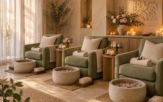 Luxurious serene spa sanctuary lounge with plush treatment seating
