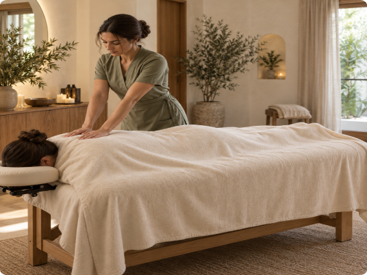 Peaceful treatment suite with crisp linens and warm ambient lighting