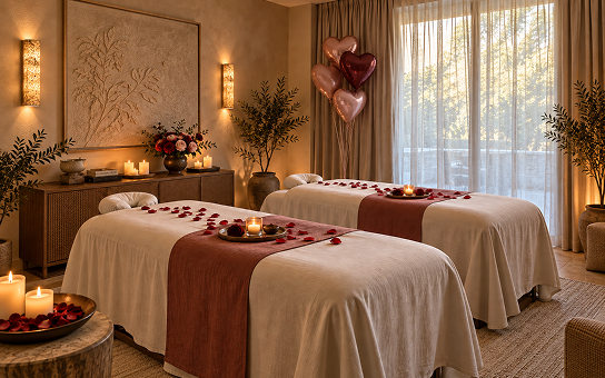 Couples massage suite with floral decor and ambient candle lighting