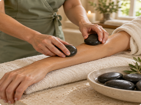 Smooth warmed basalt stones placed along client back during spa treatment