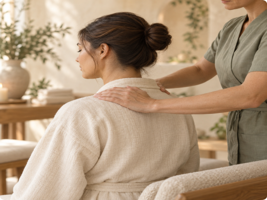 Therapist providing focused therapeutic shoulder treatment in calm room